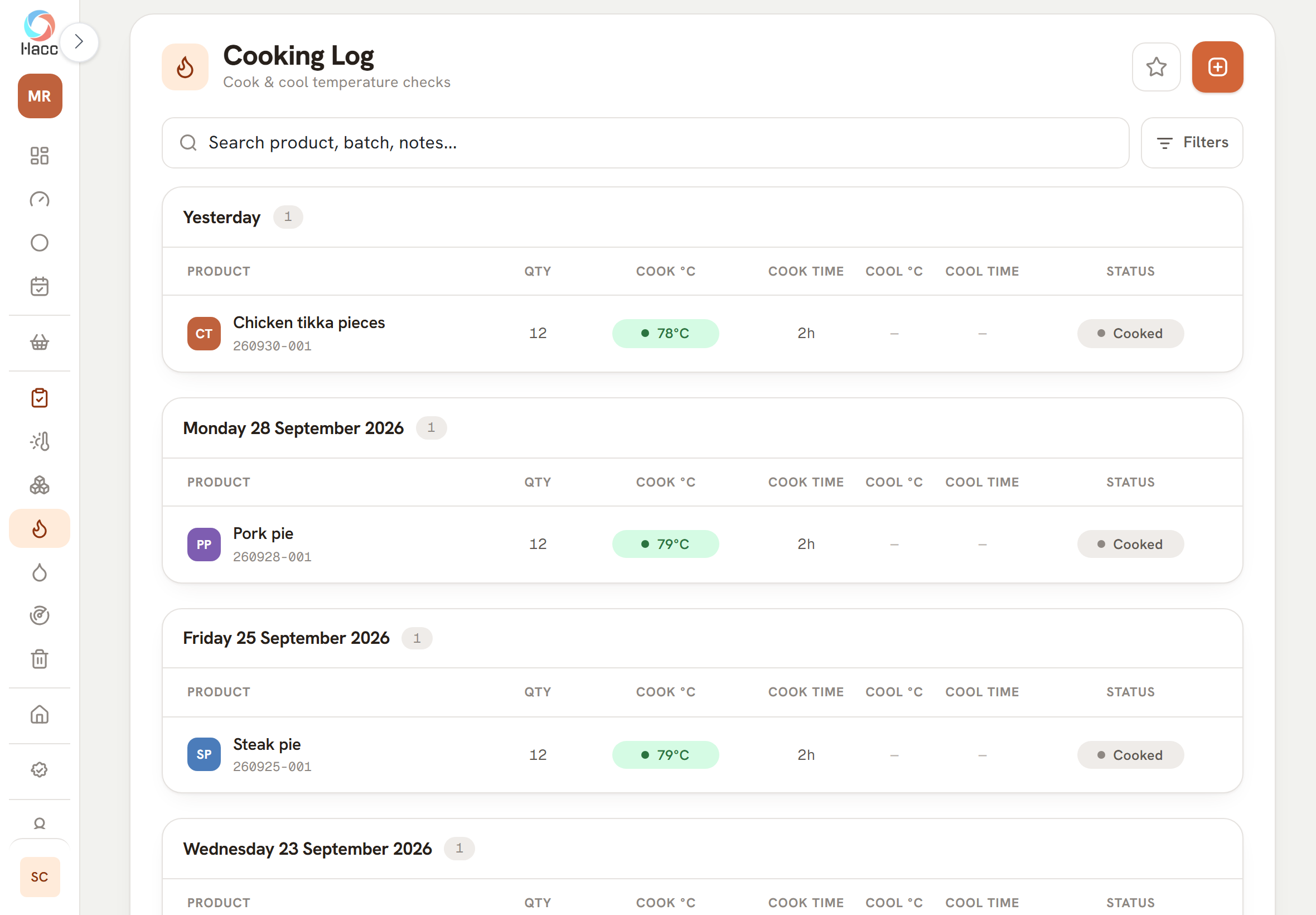 The Cooking Log screen with one card per day. Chicken tikka pieces at 78°C, pork pie at 79°C and steak pie at 79°C, each with a batch number, quantity 12, a green core temperature, a cook time of 2h and the status Cooked. A coloured badge beside each name shows the product's initials.