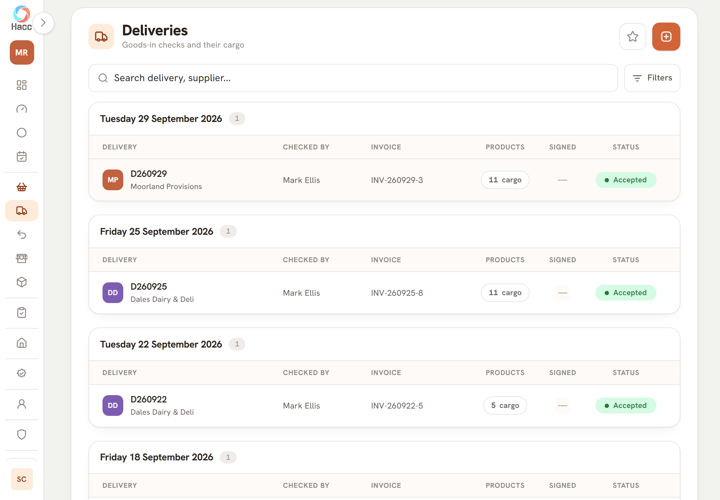 Deliveries list with one card per day for 29, 25 and 22 September 2026. Each row shows a delivery ID with the supplier's name under it, the name of the person who checked it, an invoice number, a button reading "11 cargo" or "5 cargo", a dash in the Signed column and a green Accepted status.