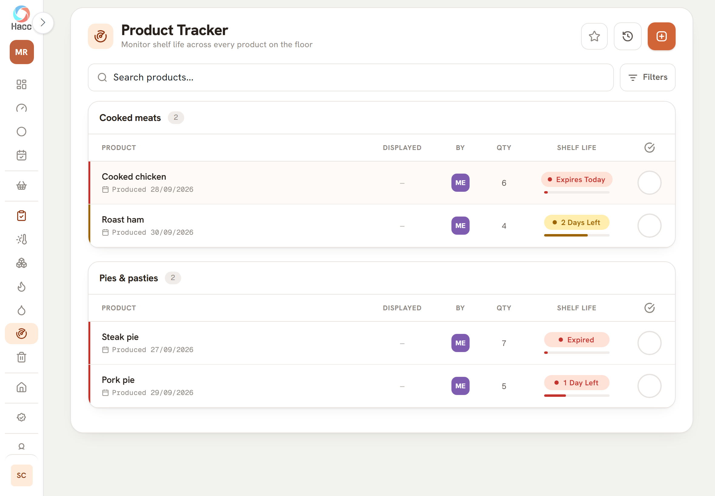 Product Tracker screen with two category cards. Under Cooked meats, cooked chicken is marked "Expires Today" in red and roast ham "2 Days Left" in amber. Under Pies & pasties, steak pie is marked "Expired" and pork pie "1 Day Left", both in red. Each row shows the date produced, the maker's initials, a quantity, a shrinking bar and a tick circle.