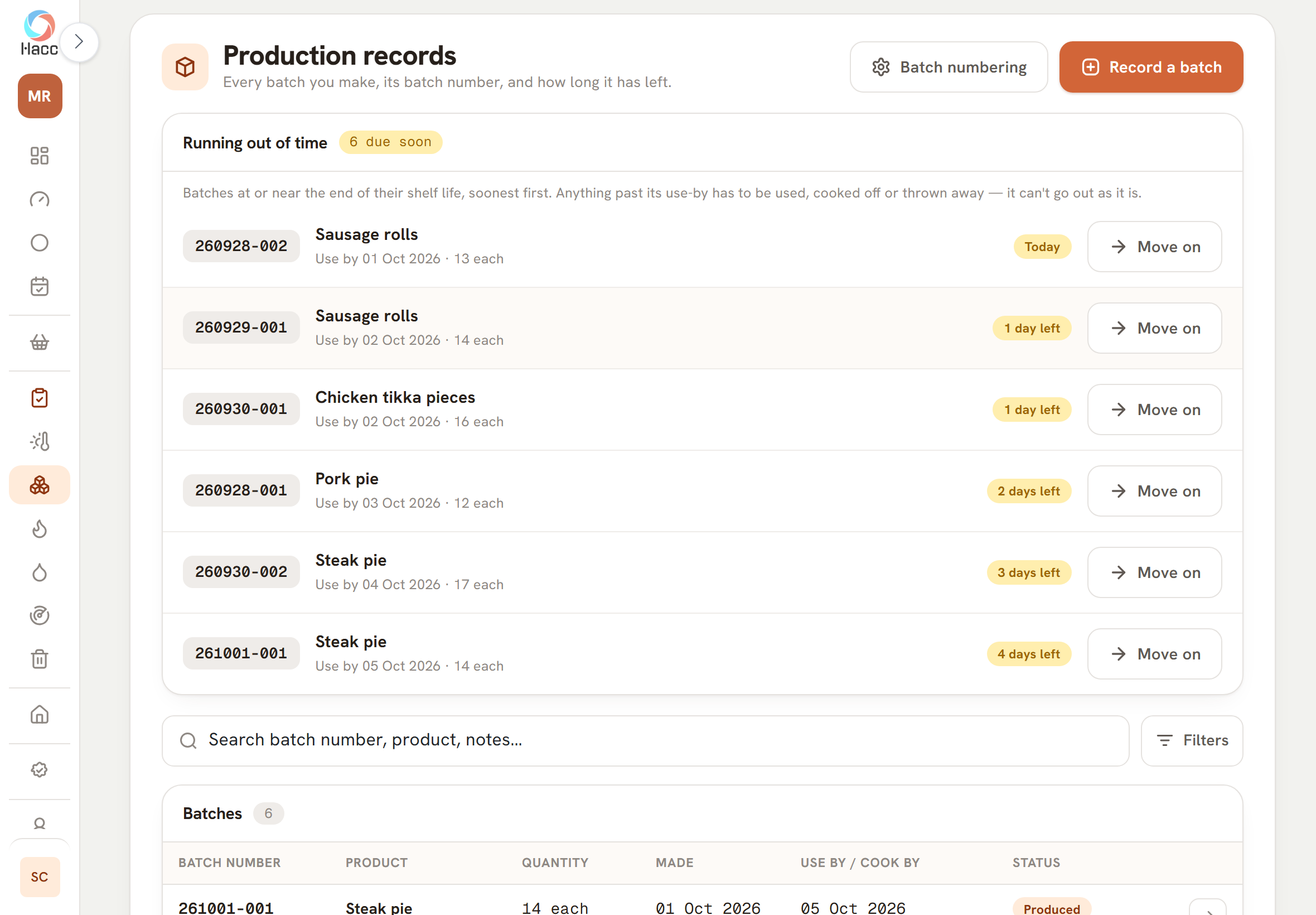 The Production records screen. The "Running out of time" panel, marked 6 due soon, lists six batches with their batch numbers, soonest first: sausage rolls due Today, sausage rolls and chicken tikka pieces with 1 day left, pork pie with 2 days left, and two steak pie batches with 3 and 4 days left. Each row shows its use-by date and quantity and has a "Move on" button.