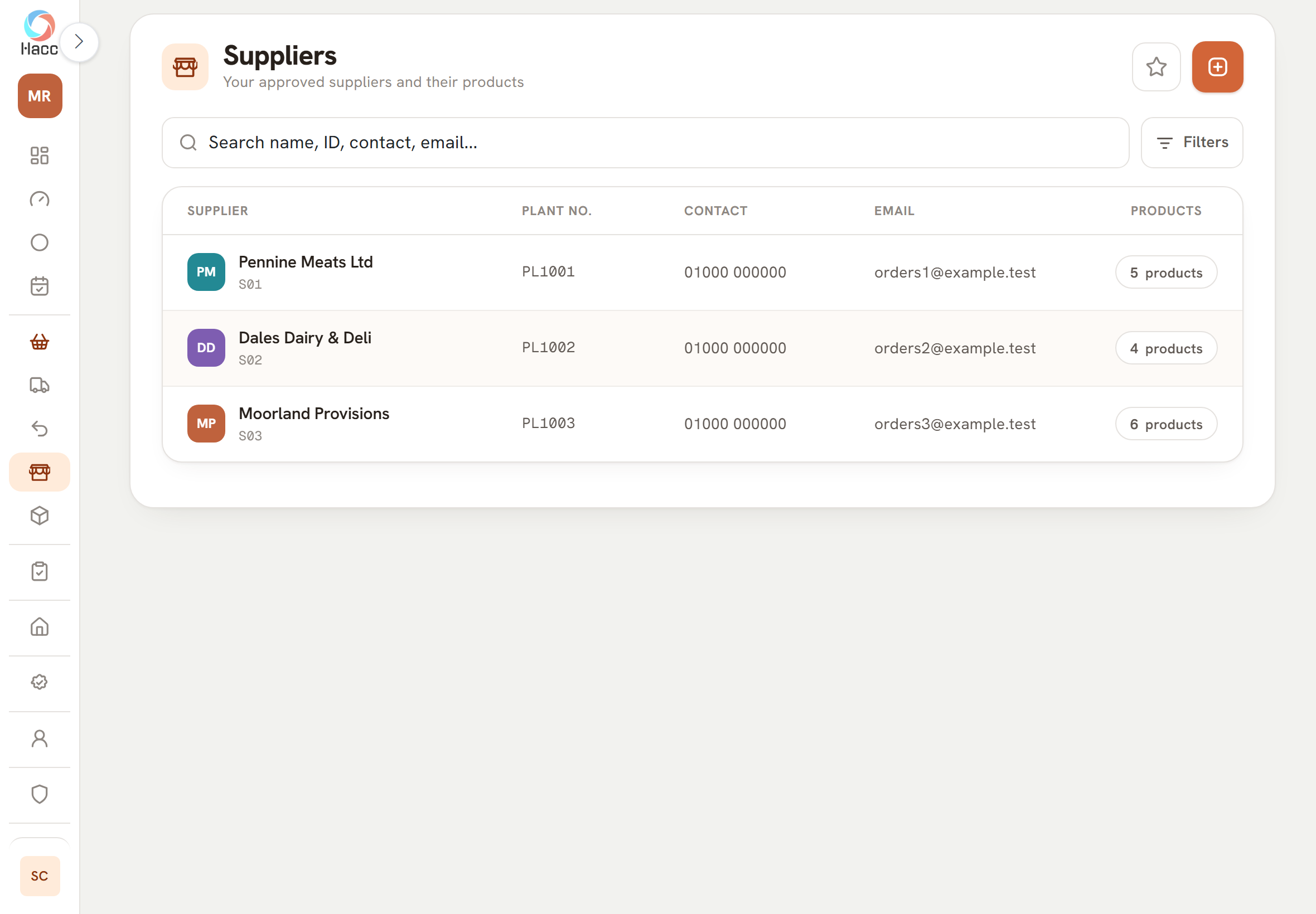 Part of the Suppliers list showing three suppliers. Each has a coloured badge with its initials, a short ID under its name, and a plant number: PL1001, PL1002 and PL1003.
