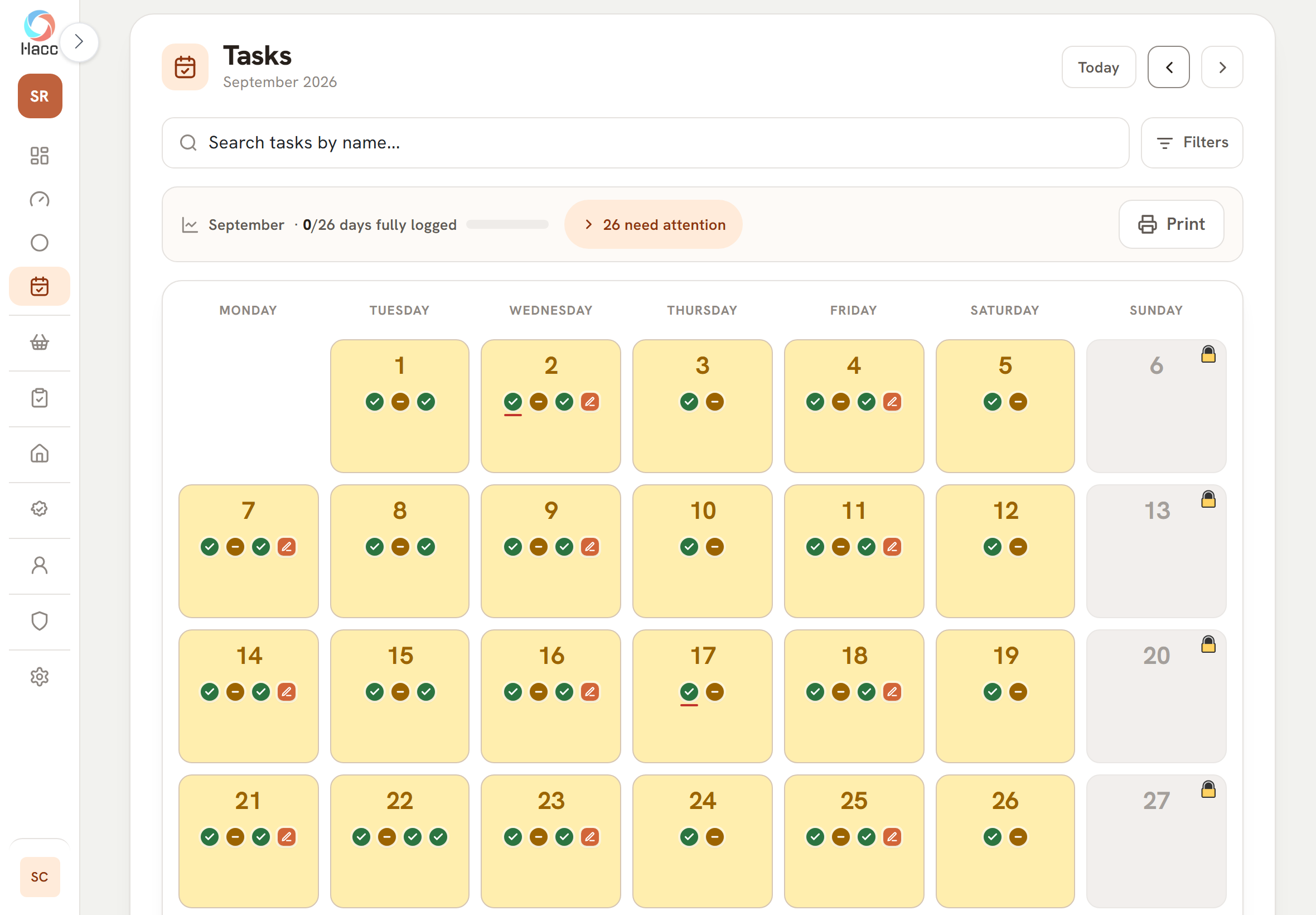 The Tasks calendar for September 2026, Monday to Sunday, showing the 1st to the 27th. Every working day is tinted amber and carries a green tick and an amber dash, most with a second green tick, and about half with a small pen mark. On the 2nd and the 17th the first tick is underlined in red. Sundays are grey with a padlock.