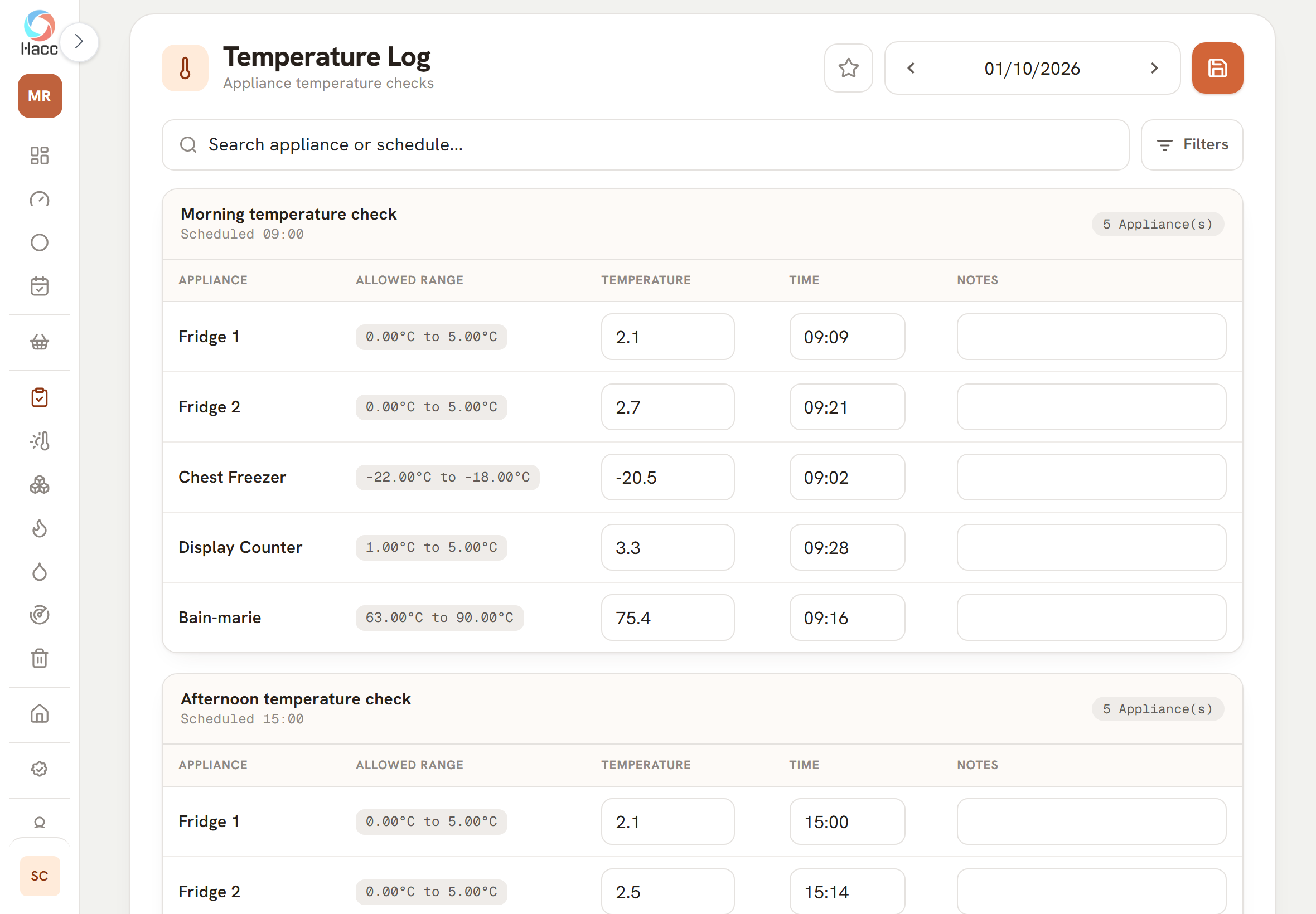 Four rows of a temperature check under the column headings Appliance, Allowed Range, Temperature, Time and Notes. Fridge 1, allowed 0.00°C to 5.00°C, reads 2.1 at 09:09. Fridge 2, allowed 0.00°C to 5.00°C, reads 2.7 at 09:21. Chest Freezer, allowed -22.00°C to -18.00°C, reads -20.5 at 09:02. Display Counter, allowed 1.00°C to 5.00°C, reads 3.3 at 09:28. The notes boxes are empty.